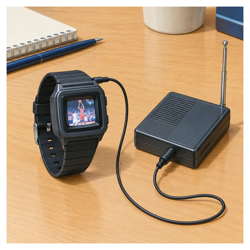 Conceptual illustration of a wrist-worn television and portable receiver; not a photograph of the Seiko model