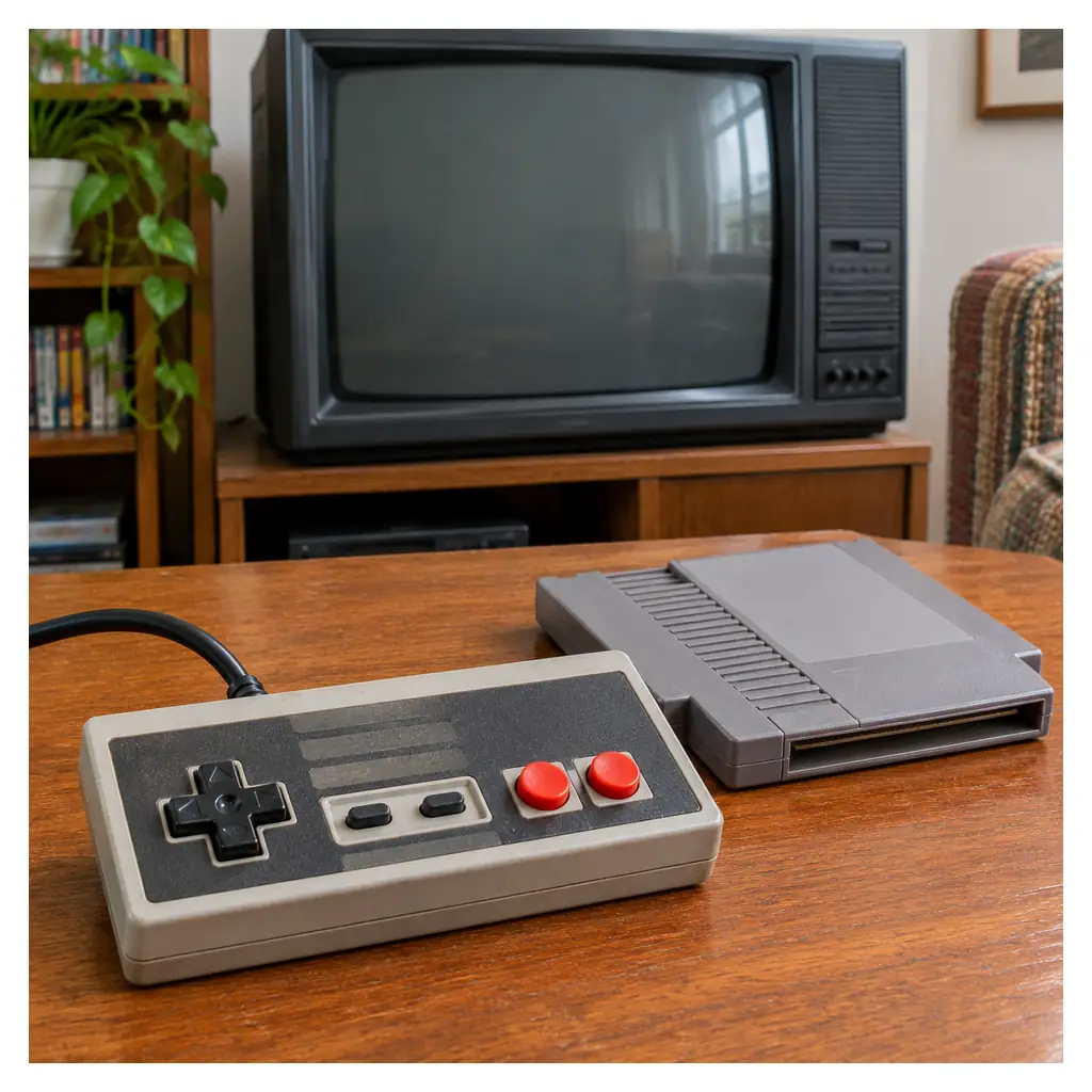 A contemporary editorial still life of a well-used unbranded 1980s gray rectangular home video-game controller with a black directional pad and two round red buttons, a plain gray game cartridge and a CRT television in the background