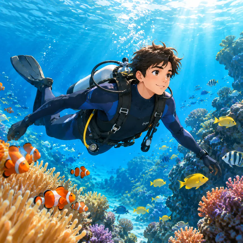 An original contemporary editorial illustration of a fully clothed young fictional ocean explorer wearing a simple diving suit and swimming underwater beside fish and coral, in an optimistic vintage-animation mood