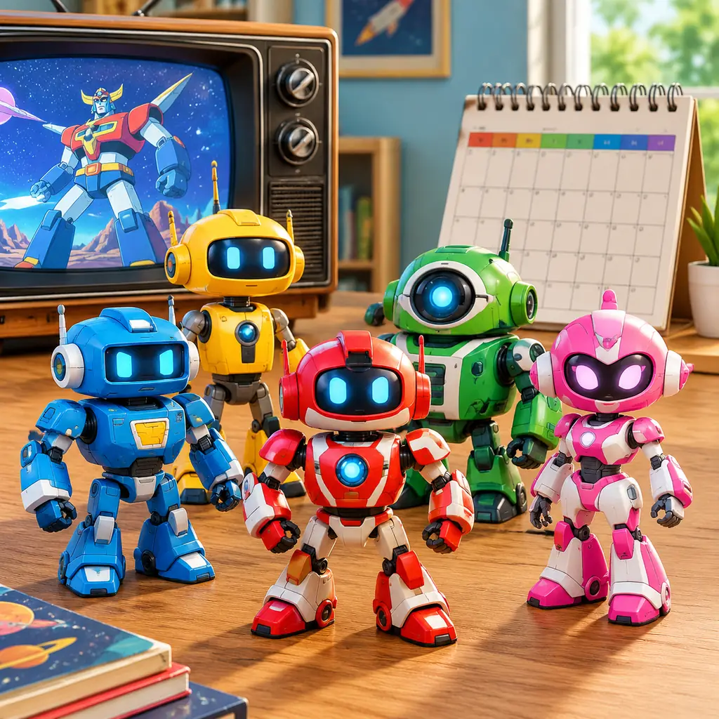 An original contemporary illustration showing five different colorful toy-like science-fiction robots arranged beside a vintage television and a weekday paper calendar with no legible writing