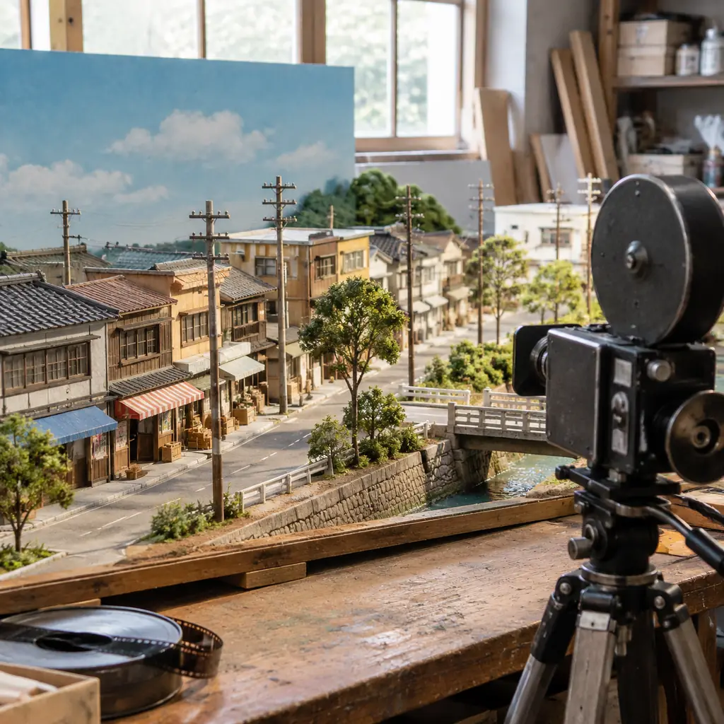 Illustrative miniature city and analog camera showing the practical-effects techniques of early live-action television
