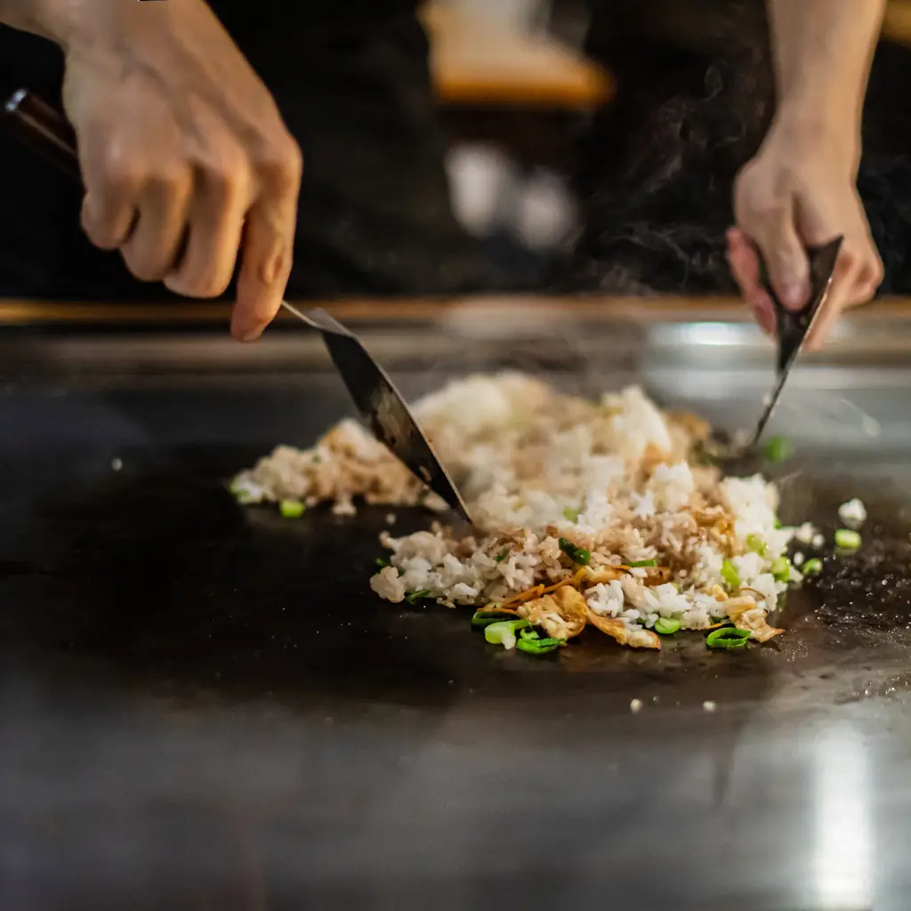 Rice cooked on the restaurant griddle