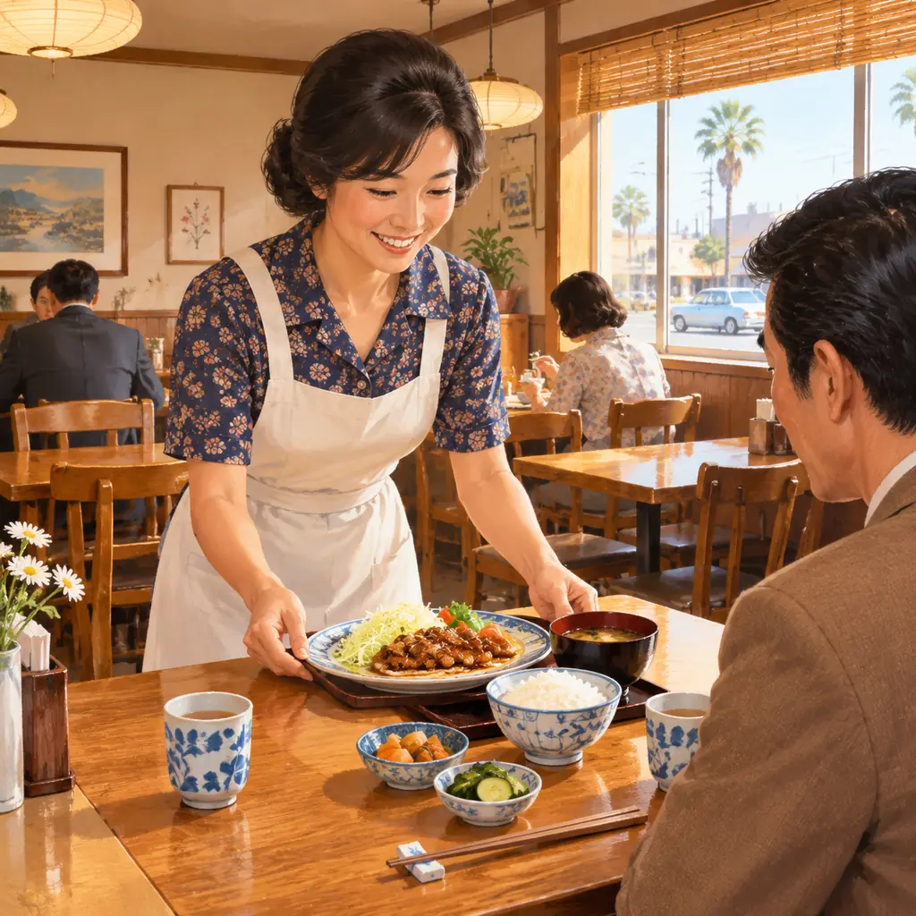 A contemporary illustrative reconstruction of a modest 1970s Japanese-American neighborhood restaurant in Los Angeles: simple wooden tables, tea cups, a plate of rice and home-style Japanese food, and warm welcoming light