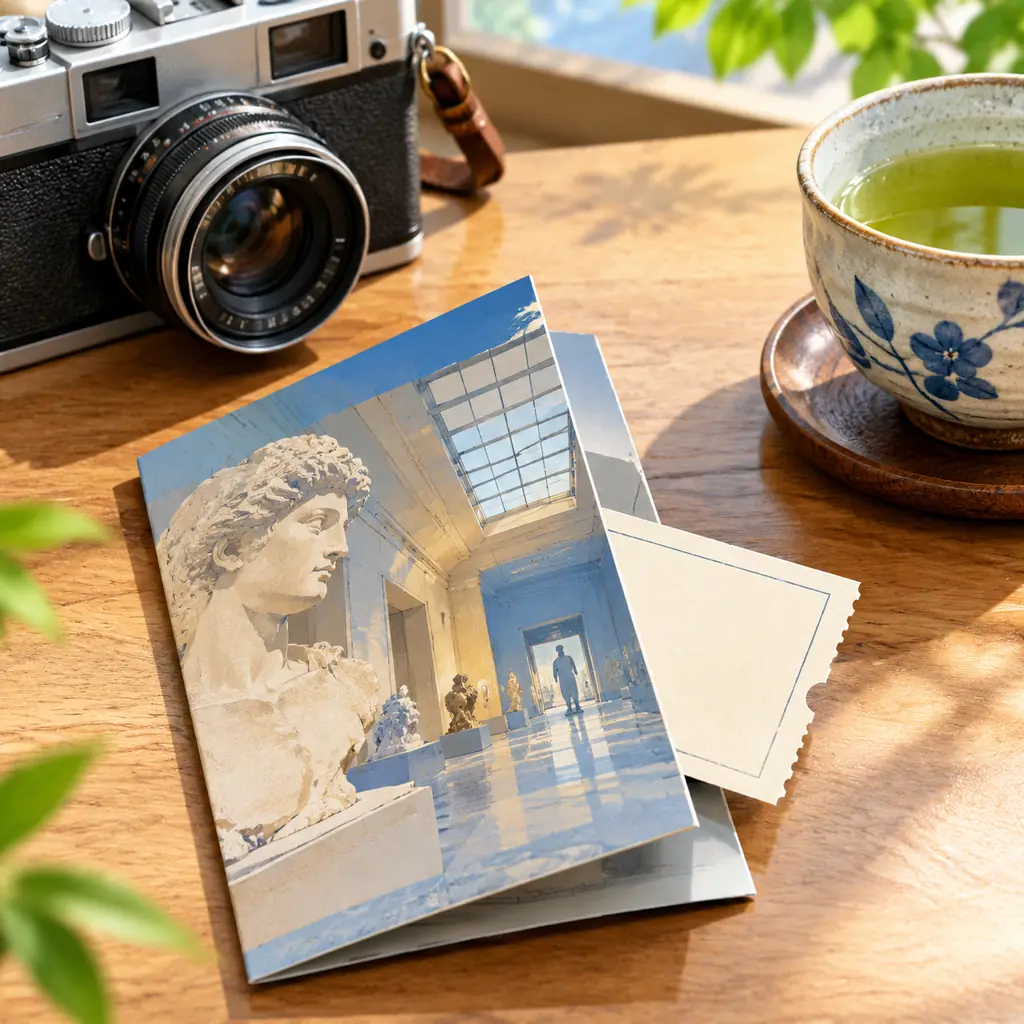 A contemporary illustrative still life of a small plain paper admission ticket tucked inside a folded museum brochure, beside a vintage camera and a Japanese ceramic tea cup