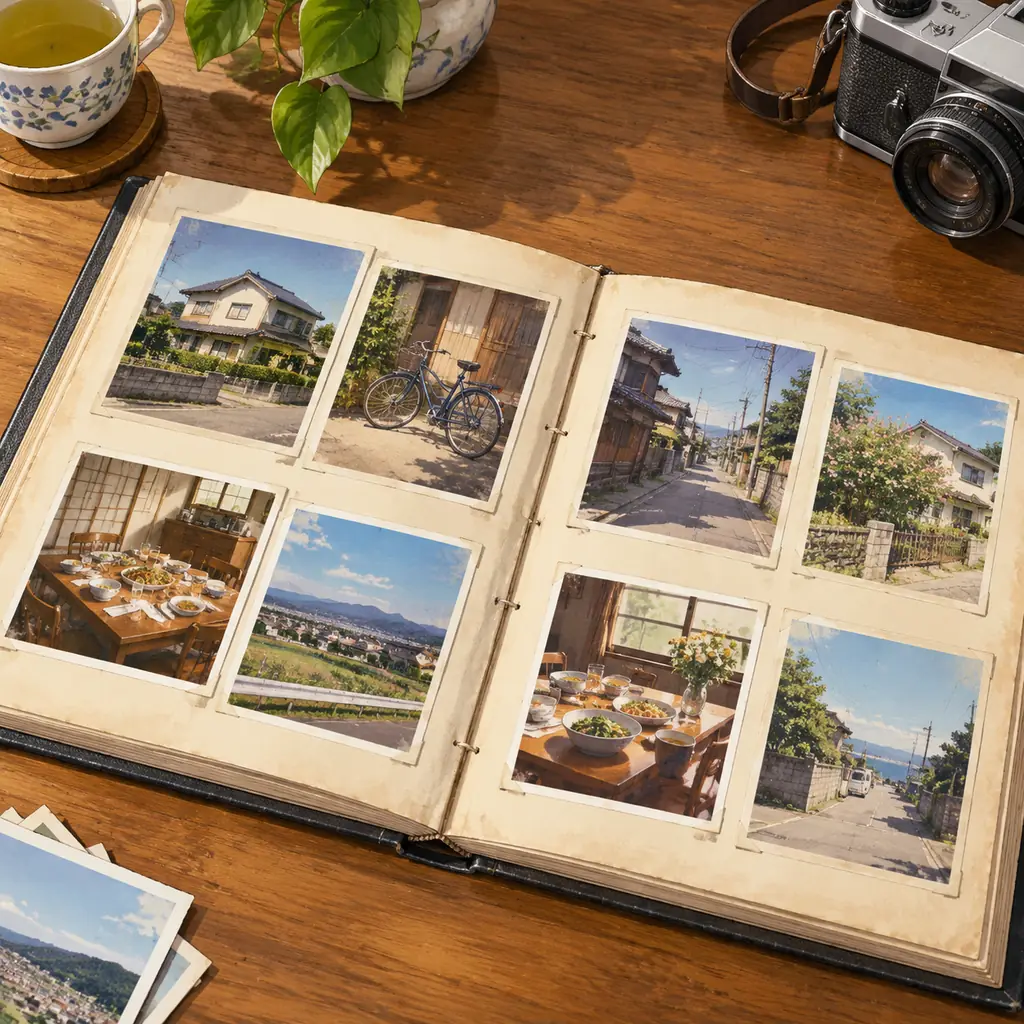 A contemporary illustrative still life of an open 1970s-style family photograph album on a wooden table