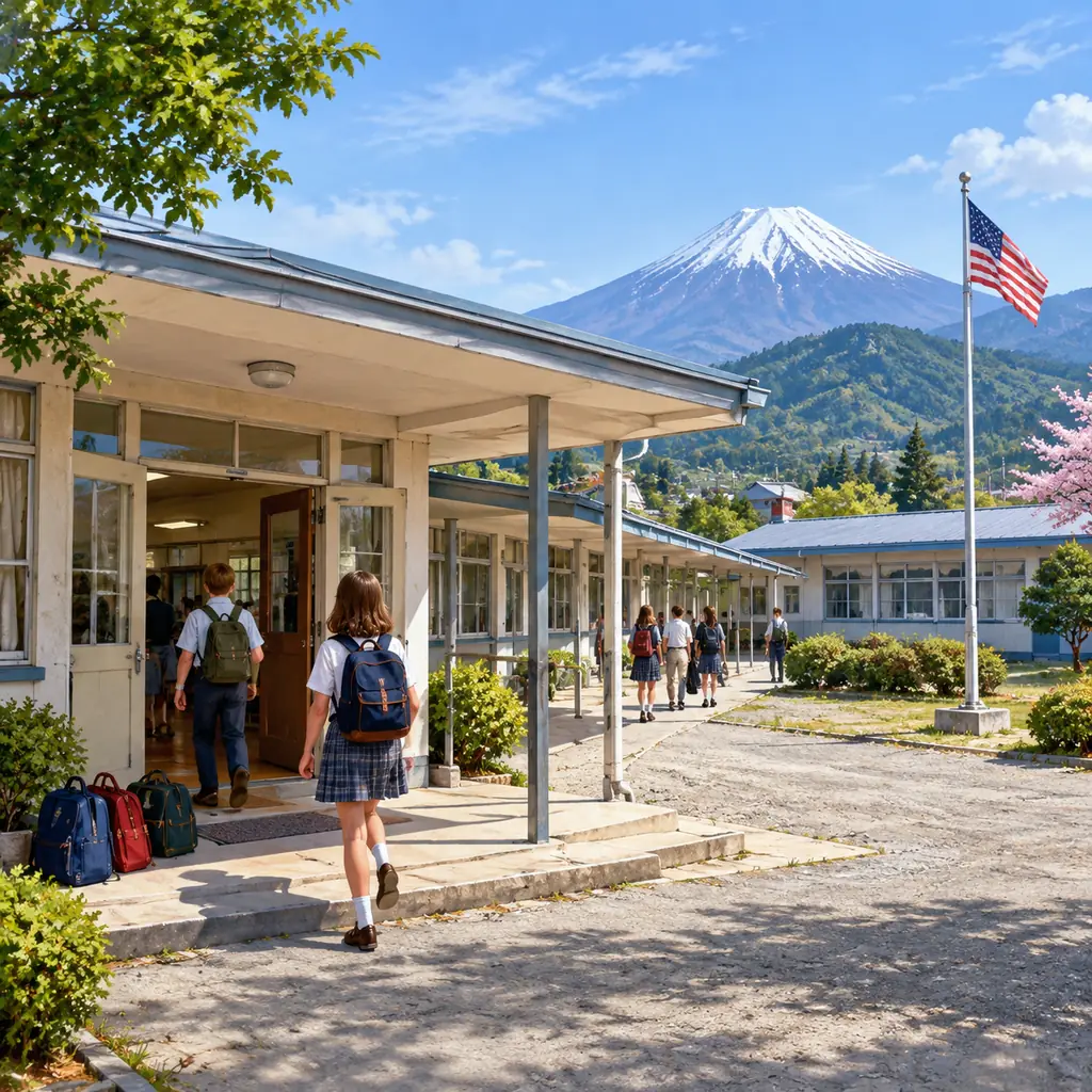 A contemporary illustrative reconstruction of the exterior of a modest newly opened 1970s American overseas school campus in Japan, low-rise classroom buildings with simple covered walkways, school bags by the entrance and a mountain landscape in the distance