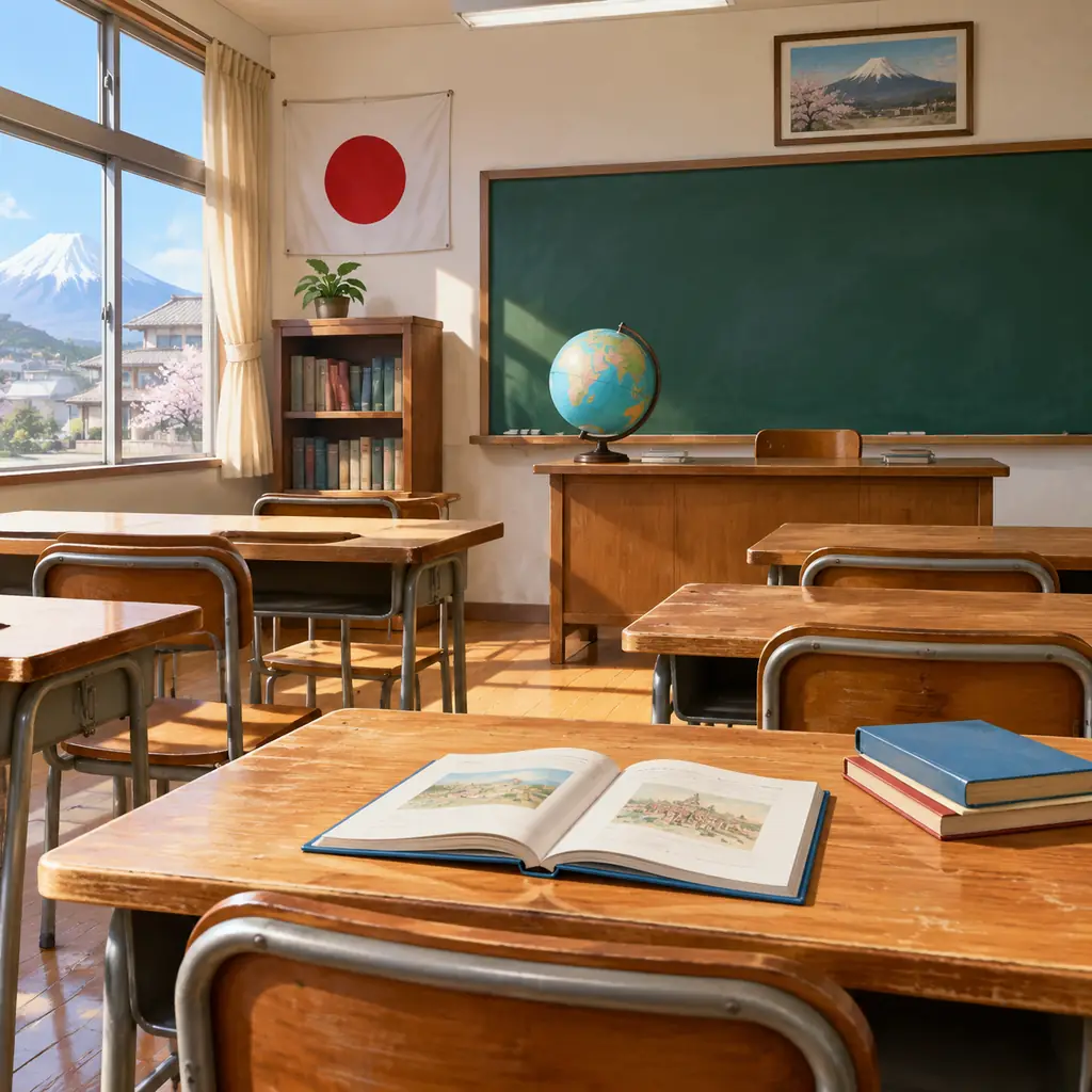 A contemporary illustrative reconstruction of a modest 1970s American-style classroom on an overseas posting in Japan, with wooden desks, an English-language textbook with no readable text, a classroom globe and chalkboard with no writing