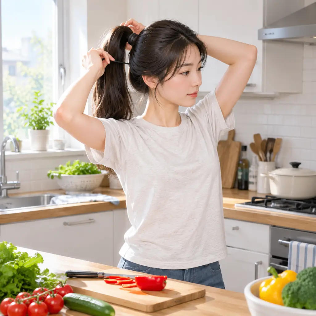 A natural contemporary illustration of an adult tying long hair into a practical ponytail before cooking in a clean ordinary home kitchen, with a small cutting board and vegetables visible
