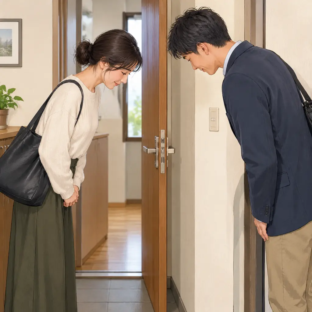 A warm contemporary editorial illustration of two fully clothed adults exchanging a slight polite bow after accidentally meeting at a narrow doorway