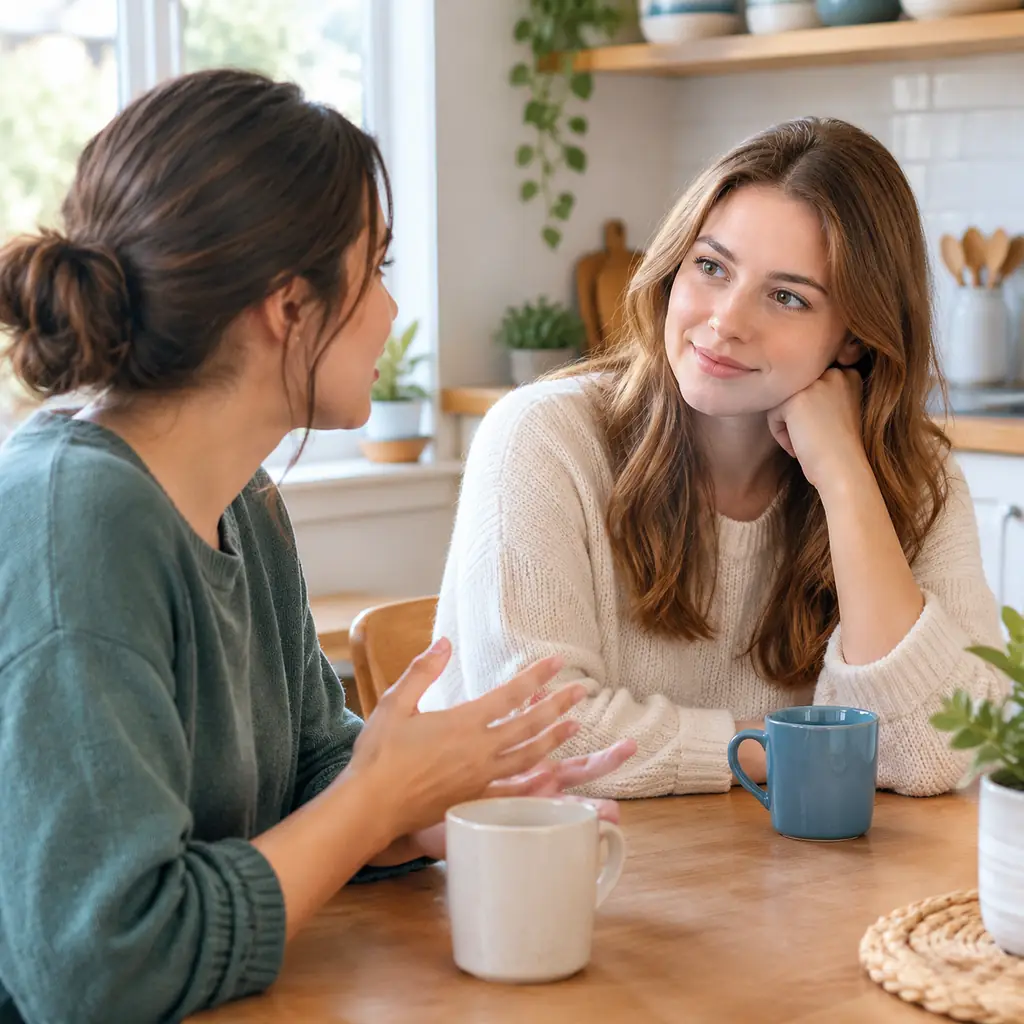 Illustration of two casually dressed friends talking at a kitchen table.