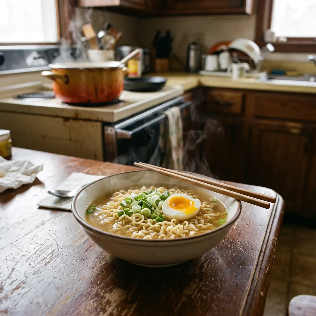 A bowl of instant ramen with scallions and a soft-boiled egg on a kitchen table.