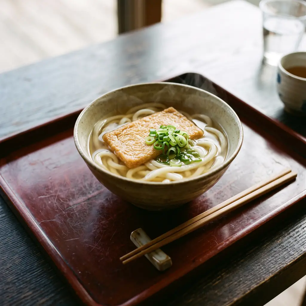 A bowl of udon noodles in broth with fried tofu and green onion.