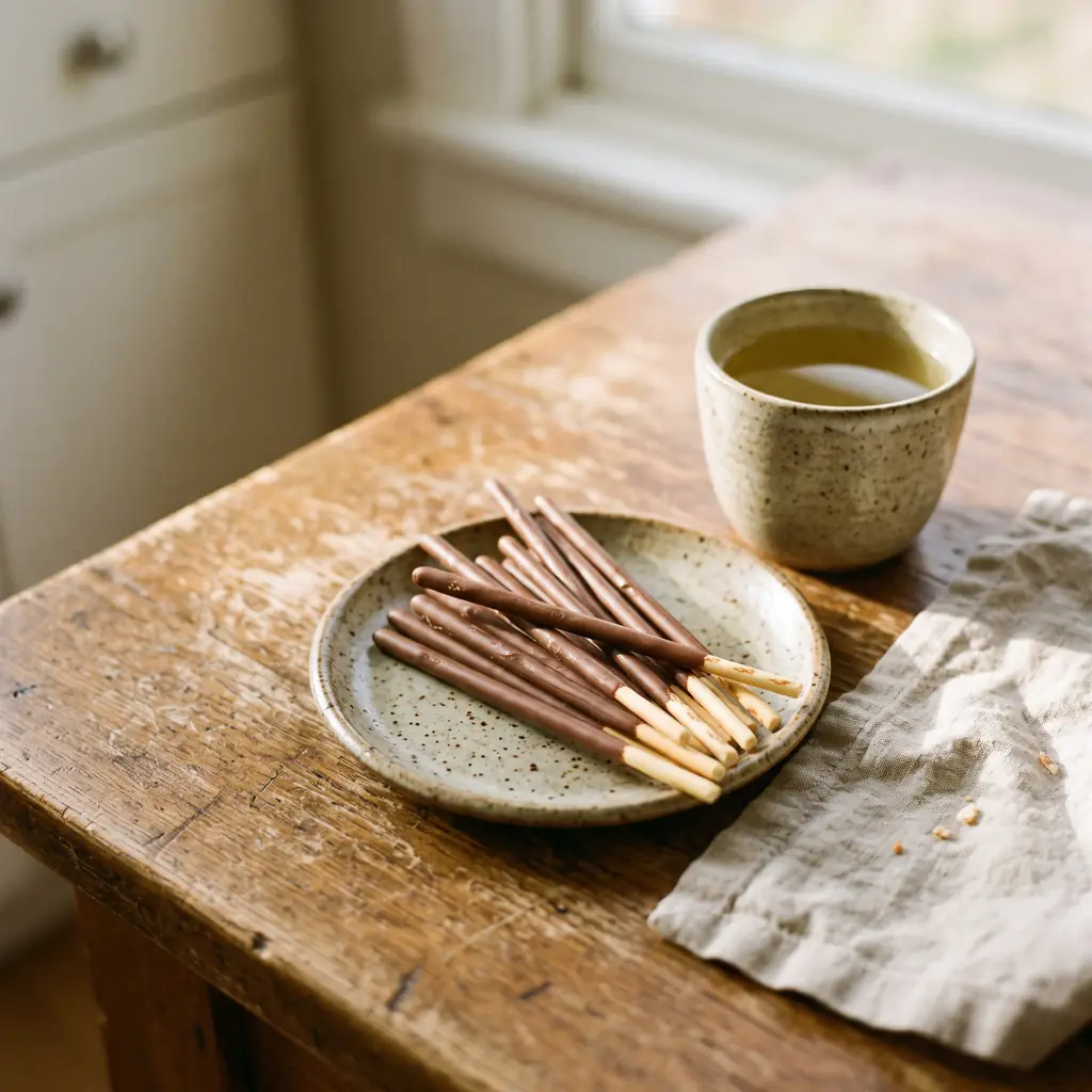 Chocolate-dipped biscuit sticks on a plate beside a cup of green tea.