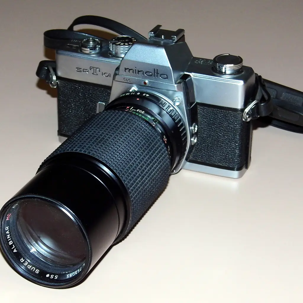 A vintage Minolta SR-T 101 35mm SLR camera.