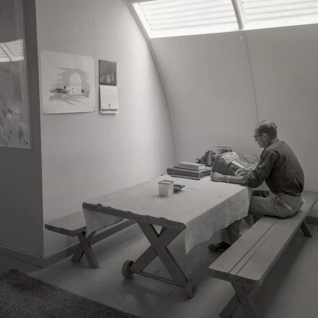 The interior of a Quonset hut in 1958.