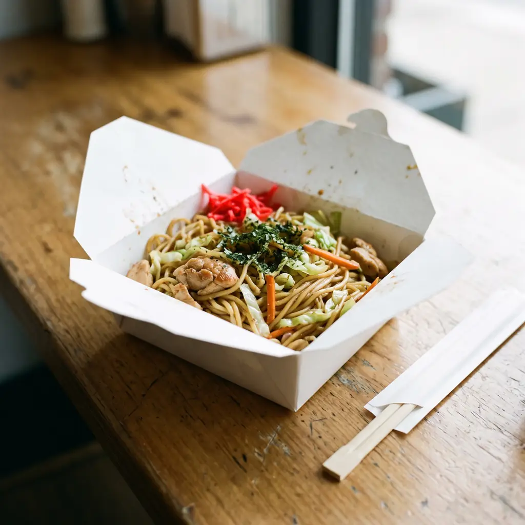 Chicken yakisoba in a takeaway box with pickled ginger.