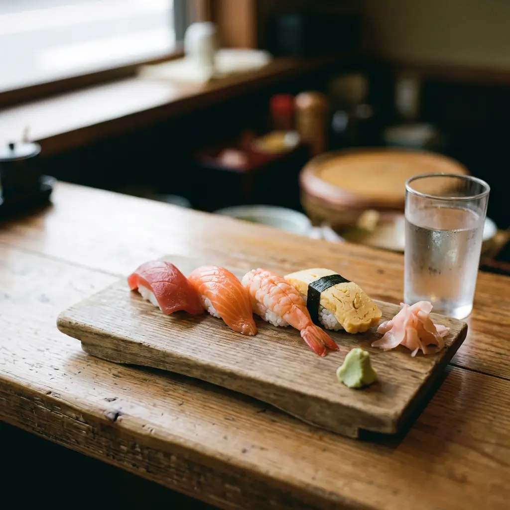Nigiri sushi on a wooden board at a counter.
