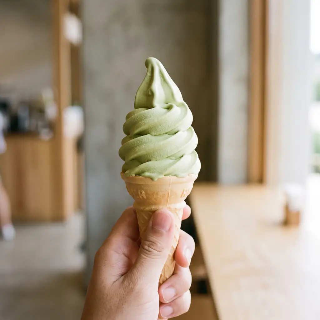 A matcha soft-serve cone held up in a cafe.