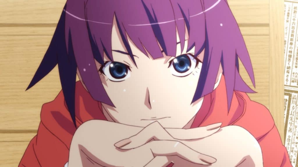 hitagi senjougahara bakemonogatari anime girls with purple hair